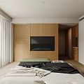 Modern Bedroom Interior With Bed Green Bench Wall Artwork Circular Decor And White Curtains 3d model