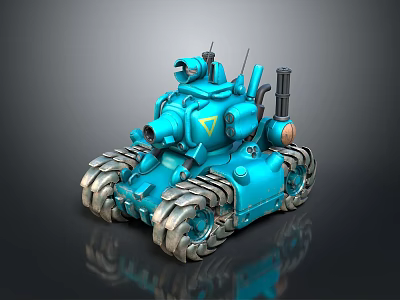 Blue Stylized Tank With Metallic Tracks Cannon Antennas And Yellow Triangle Emblem 3d model