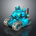 Blue Stylized Tank With Metallic Tracks Cannon Antennas And Yellow Triangle Emblem