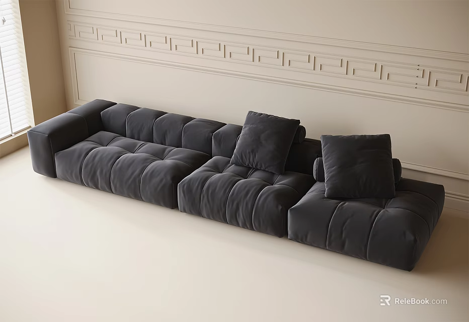 Modern Elegant Gray Velvet Sectional Sofa with Cushions Placed Against the Wall 3d model 