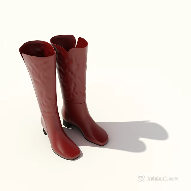 Red Leather Knee High Boots with Pleated Design and Thin Heels Fashionable Style 3d model 