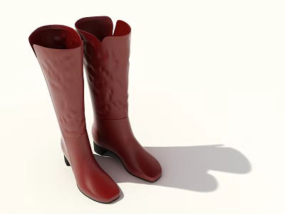 Red Leather Knee High Boots with Pleated Design and Thin Heels Fashionable Style 3d model