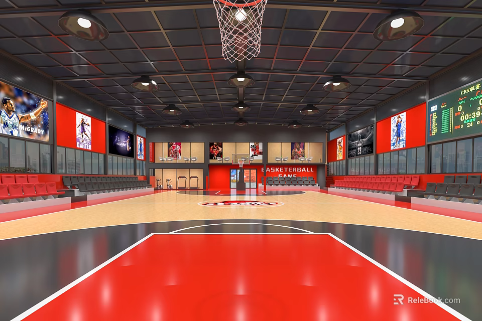 Basketball Gymnasium With Red Court Floor Hoop Spectator Seats Banners And Ceiling Lights 3d model 