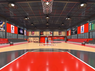 Basketball Gymnasium With Red Court Floor Hoop Spectator Seats Banners And Ceiling Lights 3d model
