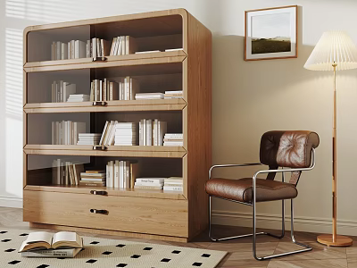 Wooden Bookshelf With Multiple Shelves Filled With Books Leather Chair Floor Lamp Black White Rug 3d model
