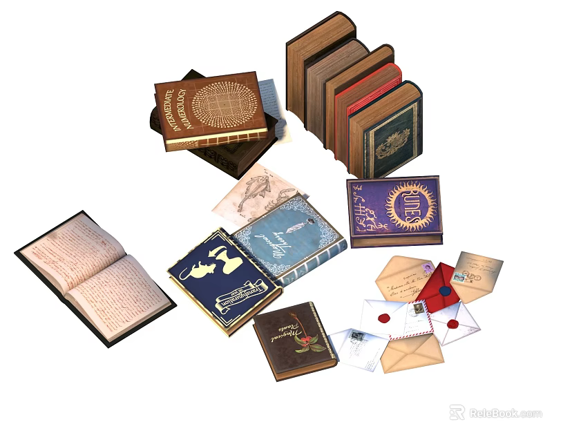 Vintage Books And Magazines Collection With Stacked Opened And Decorative Covers 3d model 