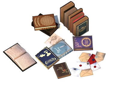 Vintage Books And Magazines Collection With Stacked Opened And Decorative Covers 3d model