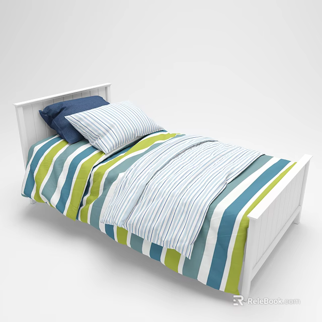 Single Bed with White Frame Striped Bedspread and Blue White Pillows 3d model