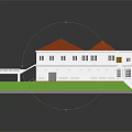 White Building Model With Red Roof Windows And Green Lawn Base