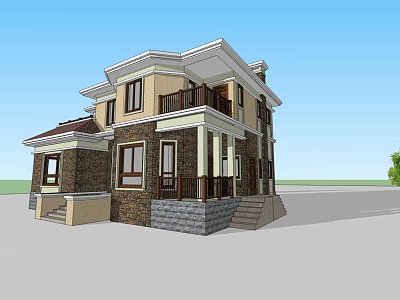 Two Story Detached Villa With Brick Exterior Stone Steps And Wooden Balcony Railings 3d model