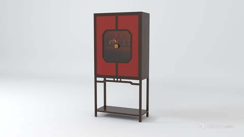 Chinese Style Wine Cabinet With Dark Frame Red Panel And Round Decoration Bottom Shelf 3d model 