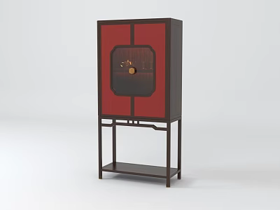 Chinese Style Wine Cabinet With Dark Frame Red Panel And Round Decoration Bottom Shelf 3d model