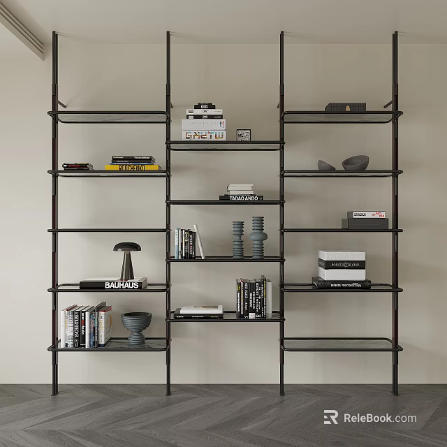 Modern Black Metal Shelving Unit With Books Decorative Items And Storage Boxes 3d model 