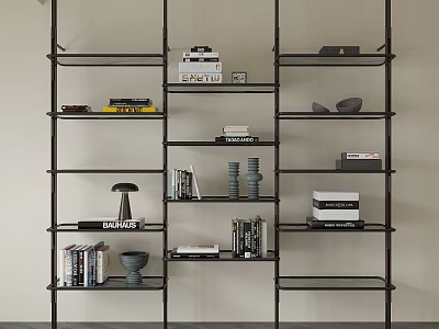 Modern Black Metal Shelving Unit With Books Decorative Items And Storage Boxes 3d model