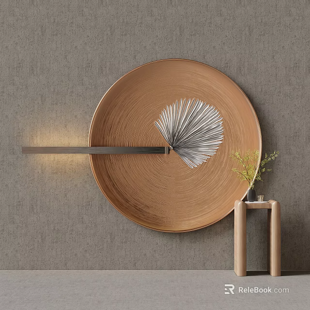 Modern Round Brown Wall Decor With White Feather Design And Side Lamp For Home Decoration 3d model 