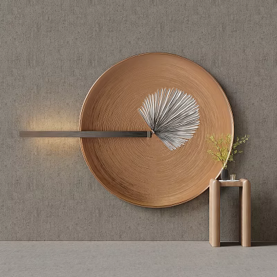Modern Round Brown Wall Decor With White Feather Design And Side Lamp For Home Decoration 3d model