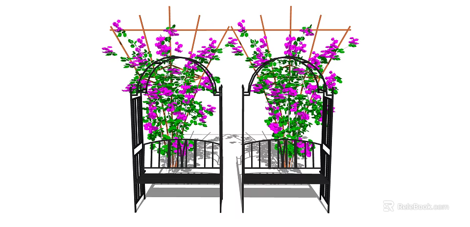 Outdoor Chairs Surrounded by Purple Flowers and Green Vines on Pergola 3d model 