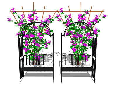 Outdoor Chairs Surrounded by Purple Flowers and Green Vines on Pergola 3d model