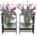 Outdoor Chairs Surrounded by Purple Flowers and Green Vines on Pergola