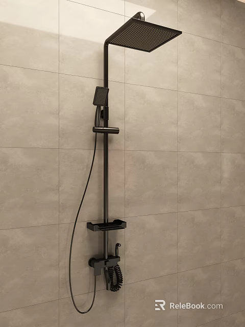 Matte Black Modern Shower System With Wall Mounted Design And Tile Background 3d model 