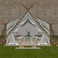Garden Landscape With Canvas Tent String Lights Stone Wall Table And Chairs