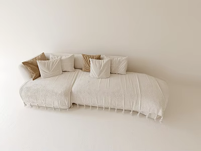 White Multi Seater Sofa With White And Brown Pillows And Fringe Trim 3d model