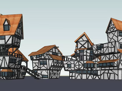 Medieval Half Timbered Building Exterior With Gabled Roofs And Wooden Frames 3d model