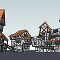 Medieval Half Timbered Building Exterior With Gabled Roofs And Wooden Frames
