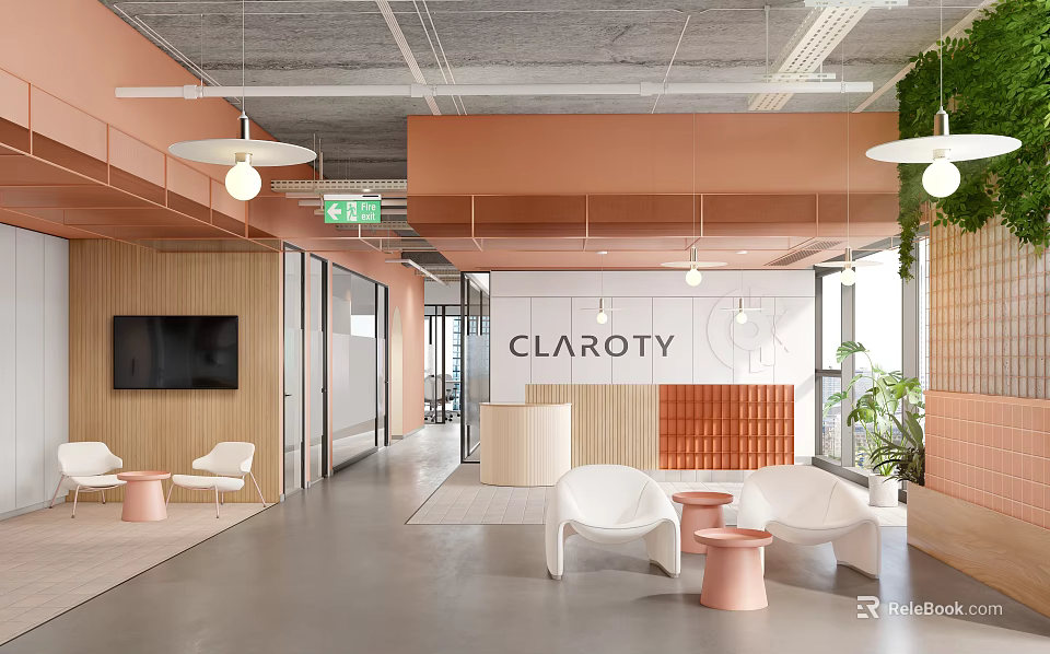 Modern Reception Area Design with CLAROTY Logo White Chairs Pink Round Tables and Green Plants 3d model 