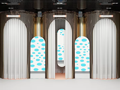 Interior Space with Arched Doorways Blue Polka Dot Panels White Curtains and Golden Accents 3d model
