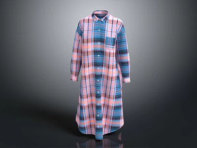 Long Sleeved Plaid Shirt Dress With Pink Blue White Checkered Pattern And Buttoned Front 3d model
