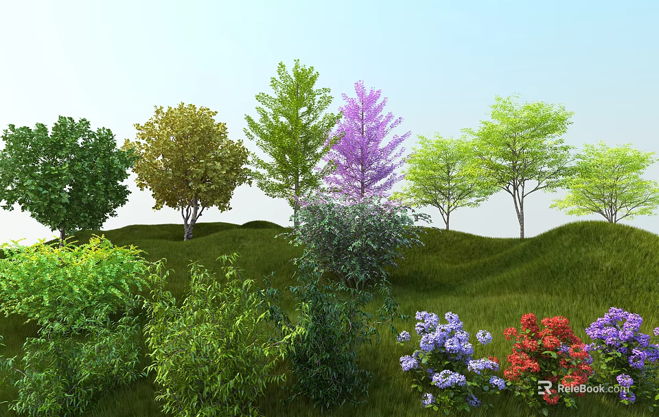 Diverse Colored Arbor Trees With Green Grassy Field Shrubs And Colorful Flowers 3d model 