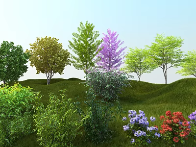 Diverse Colored Arbor Trees With Green Grassy Field Shrubs And Colorful Flowers 3d model