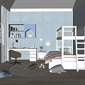 Kids Room Interior Design With Bunk Bed Desk Bookshelf Arch Windows And Wooden Floor
