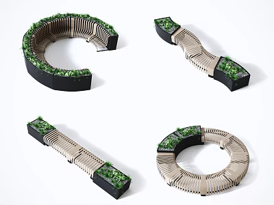 Landscape Seats with Various Curved Shapes Decorated with Green Plants Wooden Slats and Black Bases 3d model
