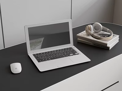 Silver Laptop with White Mouse and Headphones on Black Desk with Books 3d model