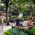Garden Landscape With Paved Pathways People Relaxing On Benches And Lush Green Foliage