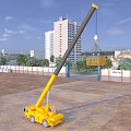 Yellow Construction Crane Lifting Blue Basket On Construction Site With Tall Buildings And Trees