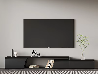 Black TV Stand With Wall Mounted TV Decorative Vase Books On Gray Wall Striped Rug 3d model