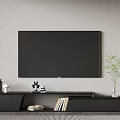 Black TV Stand With Wall Mounted TV Decorative Vase Books On Gray Wall Striped Rug