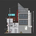 Miniature Japanese Style Commercial Building With Traditional Signboards Awnings And Bicycles