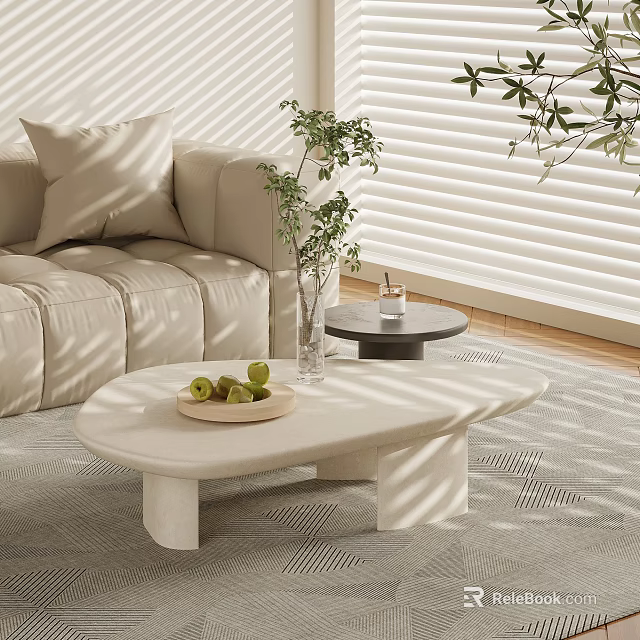 Living Room Interior With Beige Sofa White Irregular Coffee Table Fruit Plate Vase And Plants 3d model 
