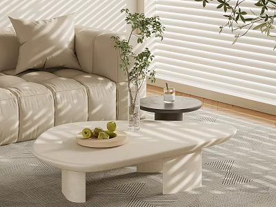 Living Room Interior With Beige Sofa White Irregular Coffee Table Fruit Plate Vase And Plants 3d model