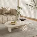 Living Room Interior With Beige Sofa White Irregular Coffee Table Fruit Plate Vase And Plants
