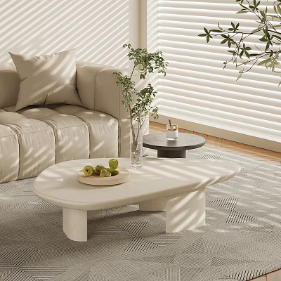 Living Room Interior With Beige Sofa White Irregular Coffee Table Fruit Plate Vase And Plants 3d model