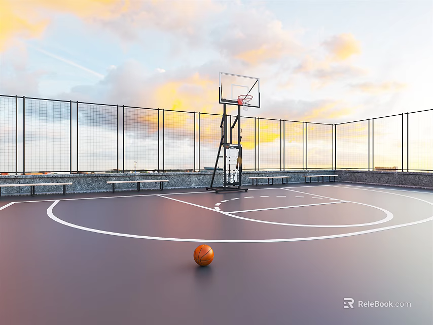 Outdoor Basketball Court Design With Hoop Net Fence Gray Floor And Basketball 3d model 