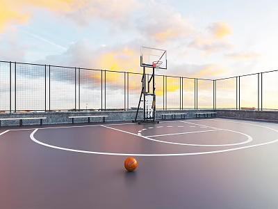Outdoor Basketball Court Design With Hoop Net Fence Gray Floor And Basketball 3d model