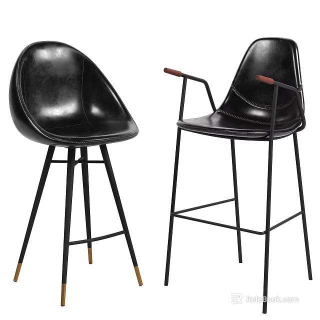 Modern Black Leather Bar Stools With Armrests And Metal Legs Accent 3d model 