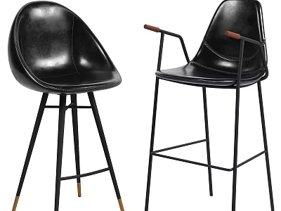 Modern Black Leather Bar Stools With Armrests And Metal Legs Accent 3d model