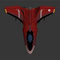 Red Fighter Jet Model with Blue Cockpit and Yellow Wing Tips on Dark Backdrop